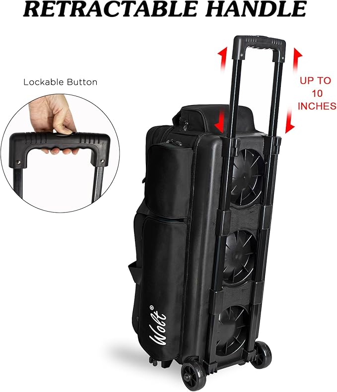 WOLT 3 Ball Bowling Bags with Wheels,Bowling Ball Bag 3 Ball Roller with Separate Shoe Compartment and Accessory Pocket, Retractable Handle Extends to 38’’
