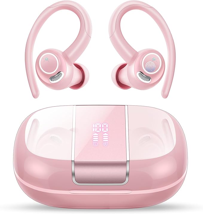 Wireless Earbuds Bluetooth 5.3 Headphones Sports, 48Hrs Playtime Bluetooth Earbuds with CVC 8.0 Mic, 2025 Stereo Bass Over Ear Bud with Earhooks, LED Display, IP7 Waterproof Earphon for Running Rose