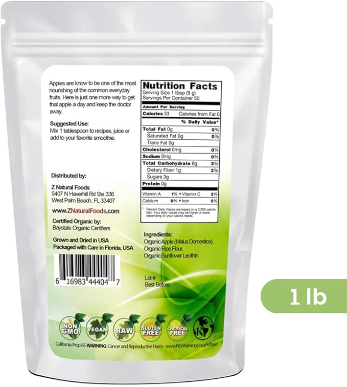 Z Natural Foods Organic Apple Powder, Superfood Powder for Digestive Support and Energy Boost, Ideal for Juice, Smoothies, and Recipes, Non-GMO, Vegan, Gluten-Free, Kosher, 1 lb.