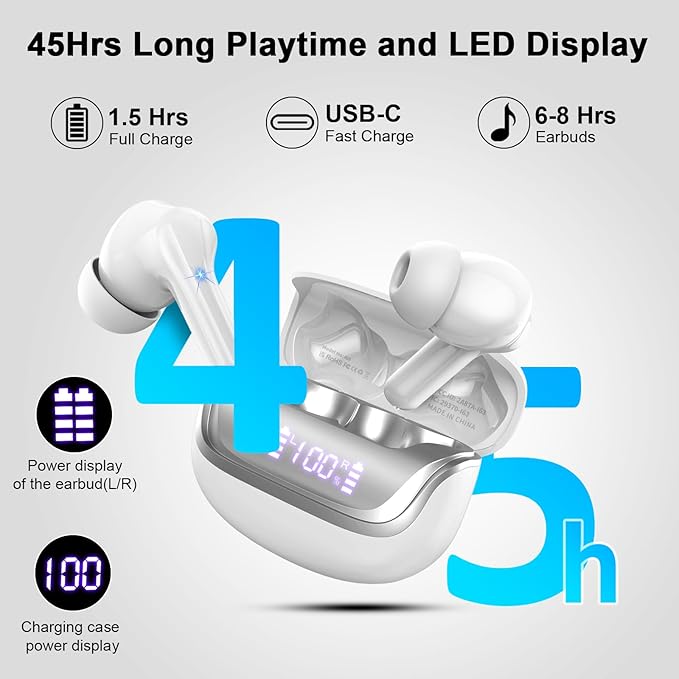 Wireless Earbuds, Bluetooth 5.4 Headphones Deep Bass Stereo, in-Ear Earphones with ENC Noise Canceling Mics, 45H Playtime Ear Buds Dual LED Display, IP7 Waterproof Wireless Headphones for Android iOS