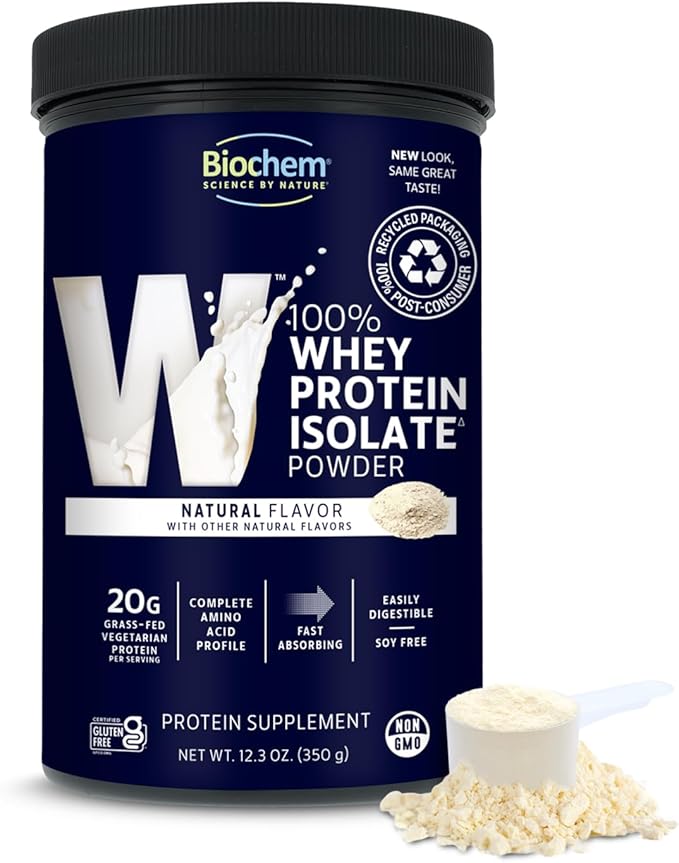 Biochem 100% Whey Isolate Protein - Natural Flavor - 12.3 Ounce, Preworkout & Immune Health - 20g Vegetarian Protein - Easily Digestible - Refreshing Taste - Keto Friendly & Easy to Mix…