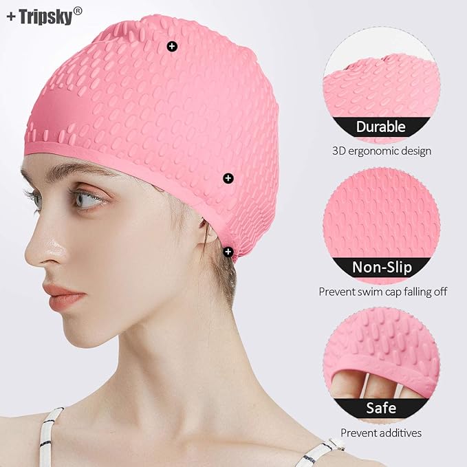 Tripsky Silicone Swim Cap,Comfortable Bathing Cap Ideal for Curly Short Medium Long Hair, Swimming Cap for Women and Men, Shower Caps Keep Hairstyle Unchanged…