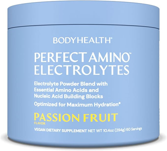 BodyHealth PerfectAmino Electrolytes Powder No Sugar, Hydration Fasting Keto Zero Sugar Electrolytes Drink Mix with Trace Minerals - Passion Fruit - 60 Servings