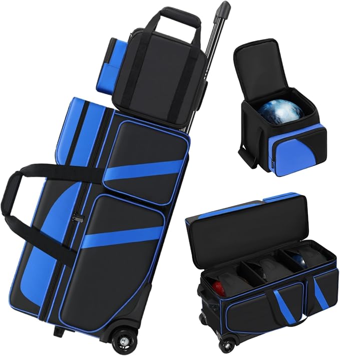 4 Ball Bowling Bags with Wheels, Bowling Ball Bag with Multi-Pockets,4 Ball Bowling Bag with Secure Buckle Fixed Ball Cup & Shoe Compartment,3 Ball Bowling Bag+1 Ball Color Matching Add On Tote