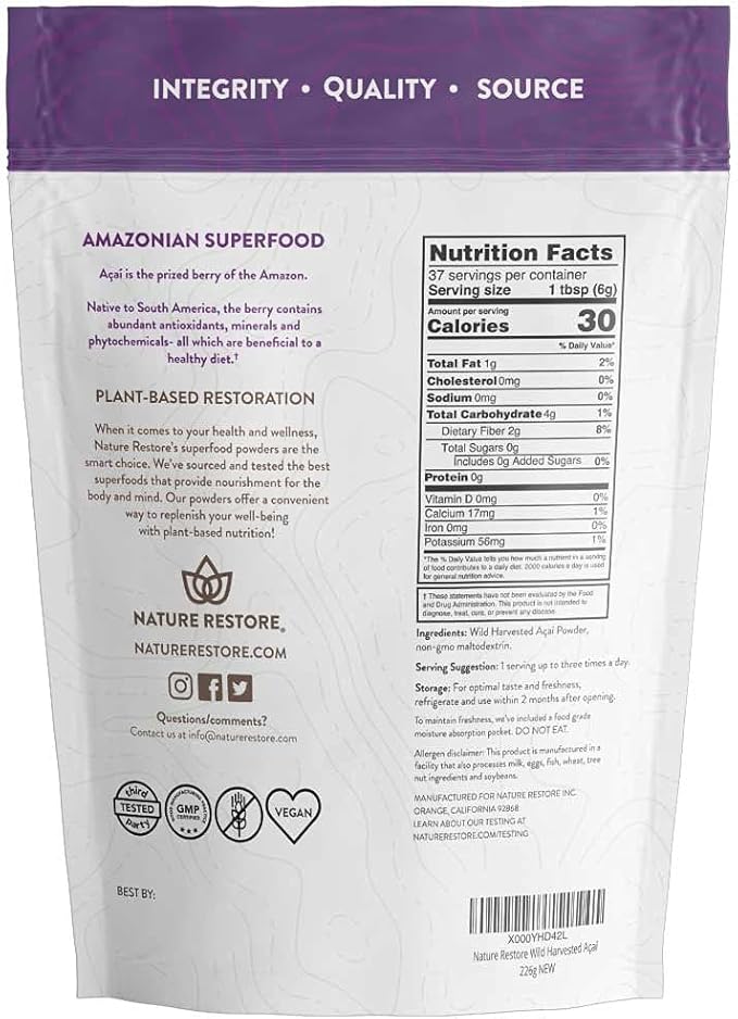 Nature Restore Wild Harvested Acai Berry Powder, 8 Ounces, Non GMO, Gluten Free, Brazilian Wild Grown