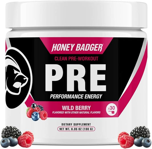 Honey Badger Pre Workout Powder, Keto Vegan Preworkout for Men & Women, Beta Alanine & Caffeine, Sugar Free Natural Energy Supplement, Wild Berry, 30 Servings