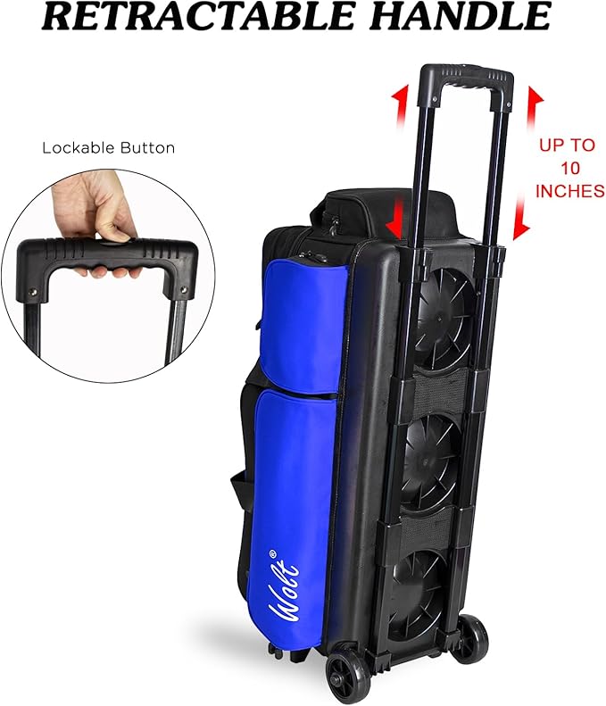 WOLT 3 Ball Bowling Bags with Wheels,Bowling Ball Bag 3 Ball Roller with Separate Shoe Compartment and Accessory Pocket, Retractable Handle Extends to 38’’