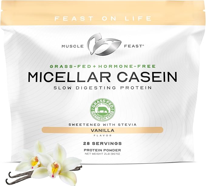 Muscle Feast Grass Fed Micellar Casein Protein Powder, Pasture Raised & Hormone Free, Slow Digesting Casein Protein - Supports Overnight Muscle Recovery, Gluten Free Protein Powder - Vanilla, 2lb