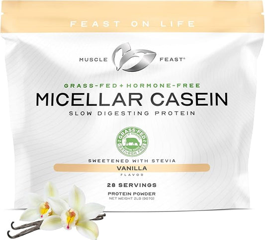 Muscle Feast Grass Fed Micellar Casein Protein Powder, Pasture Raised & Hormone Free, Slow Digesting Casein Protein - Supports Overnight Muscle Recovery, Gluten Free Protein Powder - Vanilla, 2lb
