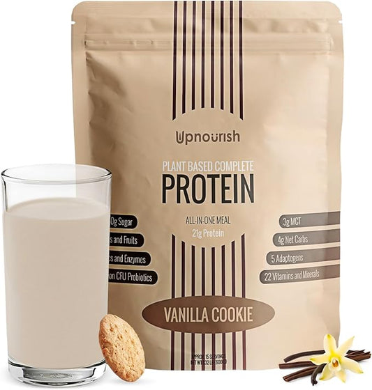 UpNourish Vanilla Cookie Vegan Protein Powder 54 Superfoods Powder,1.5 Billion CFU Probiotics 21g Plant Based Protein,No Sugar No Dairy No GMO Dairy Free,Meal Replacement Shake Keto-Friendly Low-Carb Diet,15 Servings