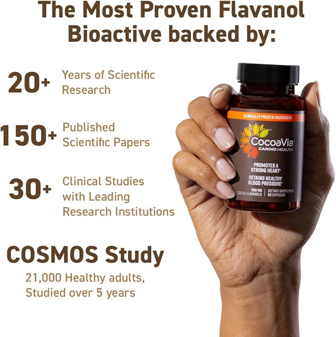 CocoaVia Cardio Health Supplement, 30 Day, 500mg Cocoa Flavanols, Support Heart Health, Boost Nitric Oxide, Blood Circulation, Energy, Vegan, Dark Chocolate, 60 Capsules