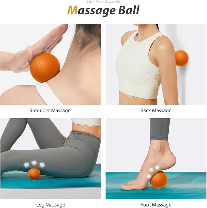5 in 1 Foam Roller Set for Deep Tissue Muscle Massage, Trigger Point Fitness Exercise Foam Roller, Massage Roller, Massage Ball, Stretching Strap, for Whole Body (Orange-New)
