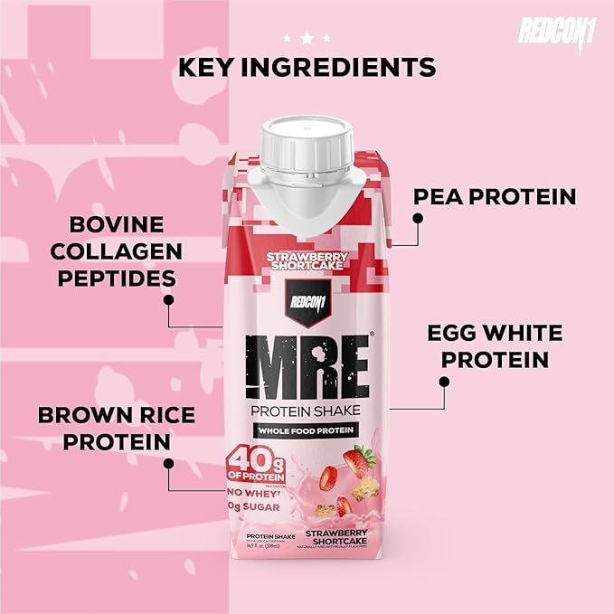 REDCON1 MRE Ready to Drink Protein Shakes, Strawberry Shortcake - Protein Drinks with Whole Food Sources - Sugar Free RTD Shake Formulated to Fuel Athletes at Any Time (12 Pack)