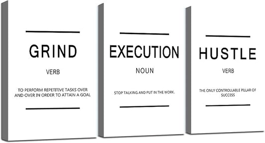 Framed Canvas Wall Art Success Quote, Office Wall Art, Black Large Poster, Positive Motivational Set of 3 Prints, Grind Execution Hustle Poster, Inspirational Print (C-3pcs,24x36inchx3pcs)