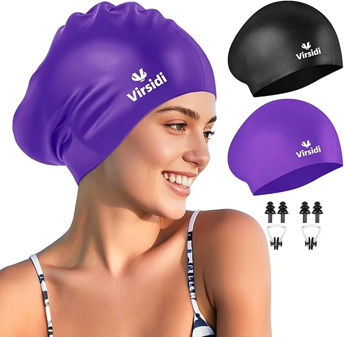 2 Pack Large Swim Caps for Long Hair, Silicone Swimming Cap for Adult Women Men, Waterproof Swim Hats Bathing Caps to Keep Hair Dry with Bonus Nose Clip and Earplugs