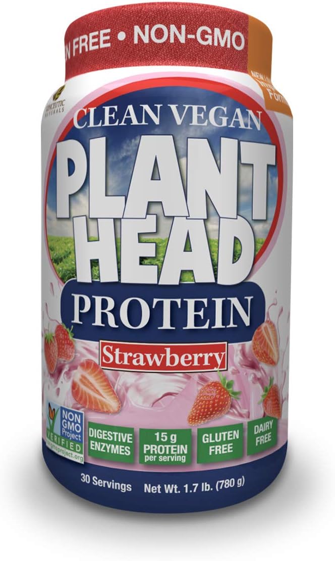 Plant Head Protein Naturally Flavored Best Tasting Strawberry Raw Vegan Vegetarian Protein Dietary Supplement Gluten Soy Dairy GMO Free – 30 Servings (1.8 Pounds)