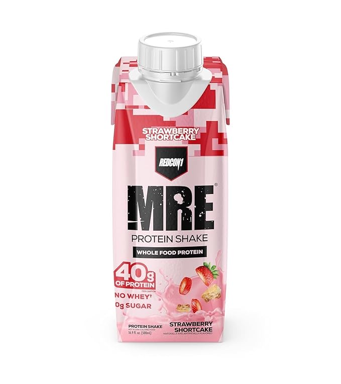 REDCON1 MRE Ready to Drink Protein Shakes, Strawberry Shortcake - Protein Drinks with Whole Food Sources - Sugar Free RTD Shake Formulated to Fuel Athletes at Any Time (12 Pack)
