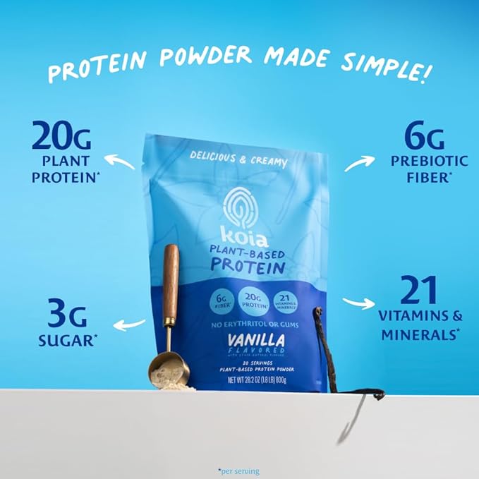 Koia Plant Based Protein Powder, Vanilla, 20g Protein, 3g Sugar, 6g Prebiotic Fiber, Pre & Post Workout, 21 Vitamins & Minerals, No Seed Oils, Dairy-Free, Gluten-Free, Non-GMO, 20 Servings, 28.2 Oz