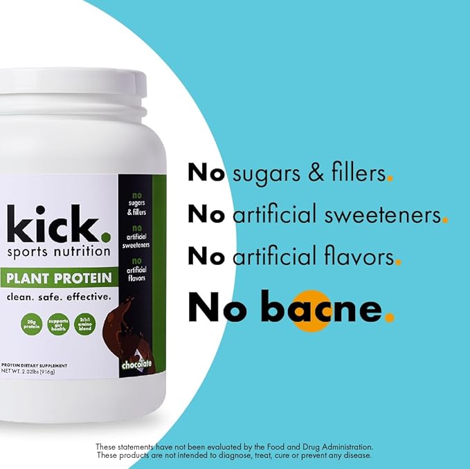 Kick Plant Protein Powder, Chocolate Flavor, 20 G Protein, Gluten Free Workout Supplement with Aminos Acids to Support Fitness Goals & Gut Health, No Sugar, No Artificial Flavors, 28 Servings
