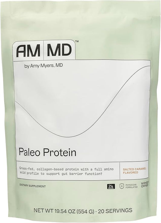 Amy Myers MD Paleo Protein Powder - with Collagen Peptides for Gut Health - Supports Hair, Skin & Nails - Non-GMO, Gluten-Free, Non-Dairy & More - Salted Caramel - 19.54 oz (20 Servings)
