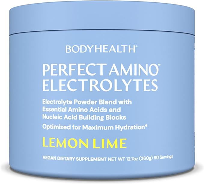 BodyHealth PerfectAmino Electrolyte Powder No Sugar, Hydration Fasting Keto Zero Sugar Electrolytes Drink Mix with Trace Minerals - Lemon Lime - 60 Servings