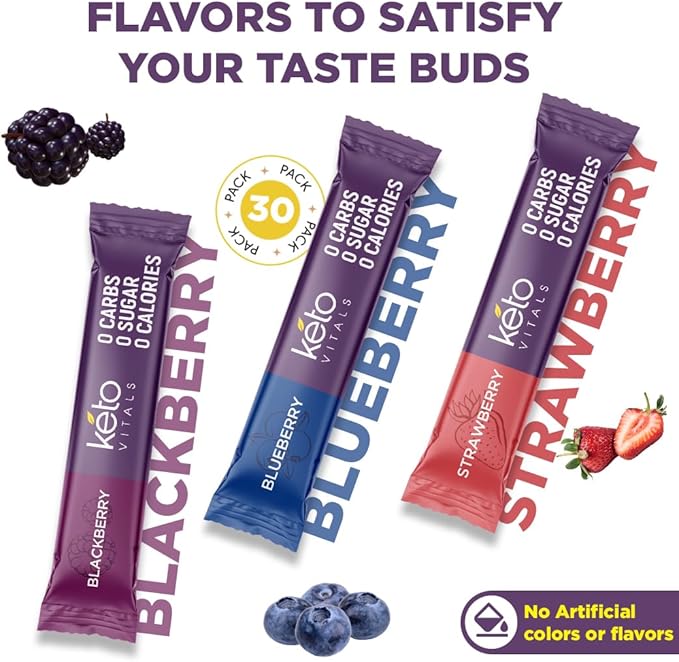 Keto Vitals Berry Electrolytes Powder Packets No Sugar | Keto Friendly Electrolytes Travel Packets | Variety Individual Stickpacks | Energy Drink Mix | Zero Calorie | Zero Carb (Berry Assorted, 30)
