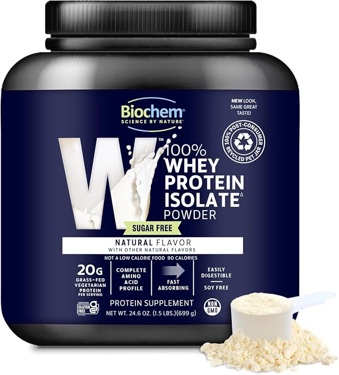 Biochem 100% Whey Isolate Protein Powder - Grass Fed, Low Carb, Keto-Friendly, Non-GMO, Gluten-Free - Supports Immune Health & Muscle Recovery 20g Vegetarian Protein per Serving - Natural Flavor,1.5lb