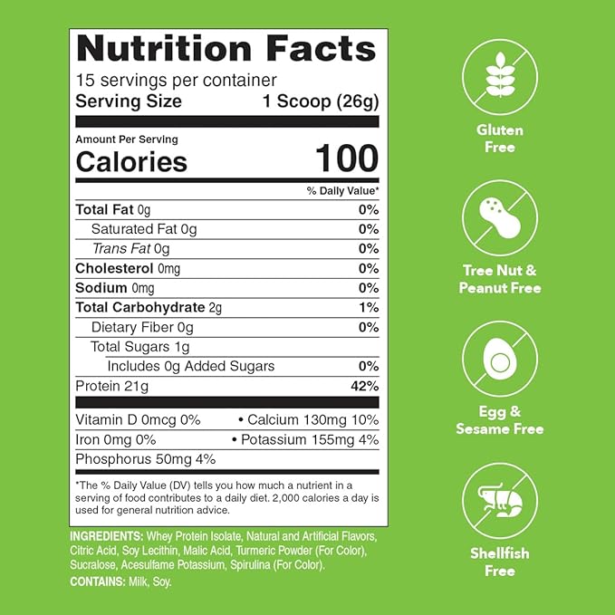 Whey Protein Powder | Lemon Lime | 21g 100% Whey Isolate Protein Powder | Low Carb and Lactose Free | Gluten Free | Certified Kosher | 15 Servings