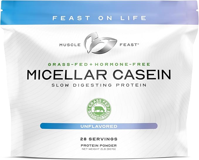 Muscle Feast Grass Fed Micellar Casein Protein Powder, Pasture Raised & Hormone Free, Slow Digesting Casein Protein - Supports Overnight Muscle Recovery, Gluten Free Protein Powder - Unflavored, 2lb