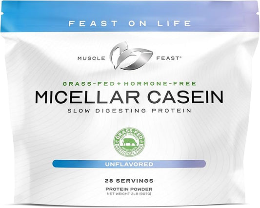 Muscle Feast Grass Fed Micellar Casein Protein Powder, Pasture Raised & Hormone Free, Slow Digesting Casein Protein - Supports Overnight Muscle Recovery, Gluten Free Protein Powder - Unflavored, 2lb