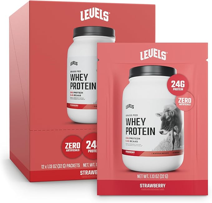 Levels Grass Fed Whey Protein Powder, No Artificials, 24G of Protein, Strawberry, 12 Count
