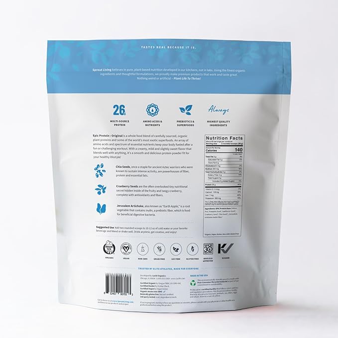Sprout Living Plant Based Protein & Superfoods Powder, Original, Unflavored | Organic Protein Powder, Vegan, Non Dairy, Non-GMO, Gluten Free, Sugar Free, Perfect Keto Drink Mix (5 lb)