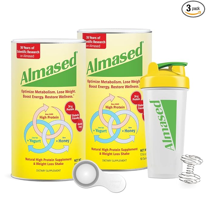 Almased Protein Powder for Weight Loss Kit for Men & Women, Natural Meal Replacement Shake for Weight Loss, Supplement, 24 Grams of Protein Per Serving (Original Flavor, 2 Cans @ 17.6 oz ea + Shaker Bottle + Scoop)
