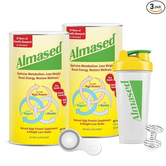 Almased Protein Powder for Weight Loss Kit for Men & Women, Natural Meal Replacement Shake for Weight Loss, Supplement, 24 Grams of Protein Per Serving (Original Flavor, 2 Cans @ 17.6 oz ea + Shaker Bottle + Scoop)