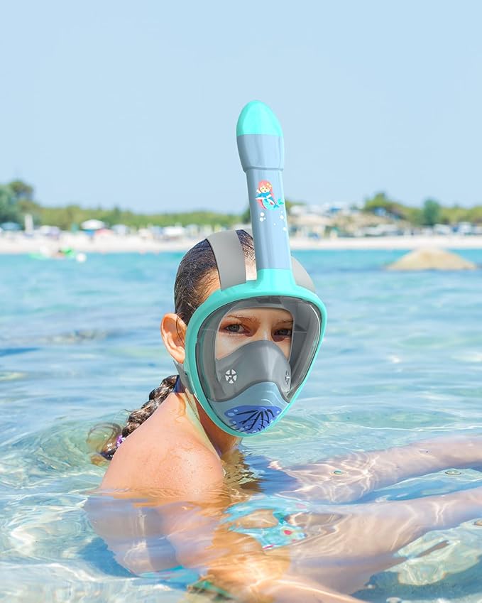QingSong Kids Snorkel Mask Full Face, Snorkeling Set with Camera Mount, Foldable 180 Degree Panoramic View Snorkeling Gear Anti-Fog Anti-Leak