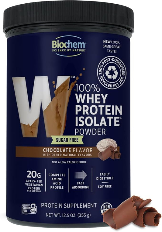 Biochem 100% Whey Sugar-Free Chocolate 20g, 12.5oz, Certified Vegetarian, Certified Gluten Free, Certified Non-GMO Tested, Keto Friendly, Grass-Fed