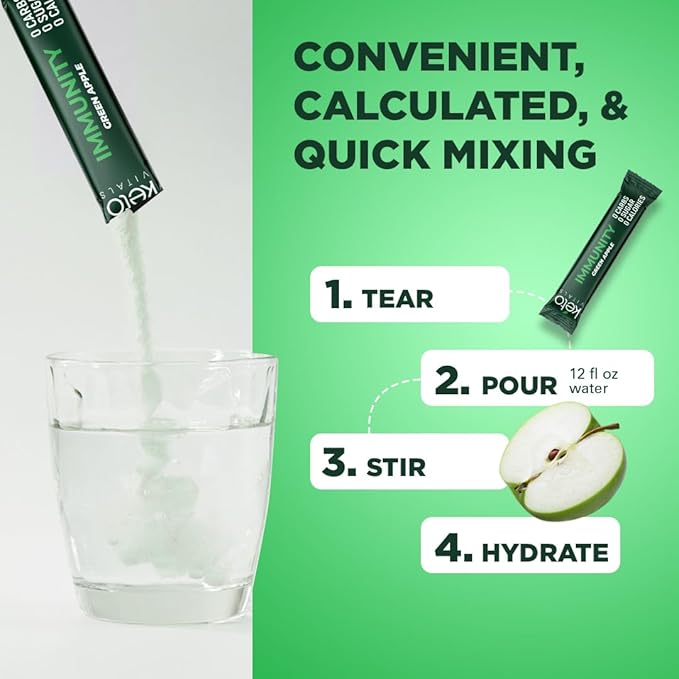 Keto Vitals Immunity Sugar Free Electrolytes Powder with Vitamin C, Ginger, Turmeric, & Elderberry - Boost Your Immune System and Rehydrate Your Body - Green Apple Flavor, 30 Count