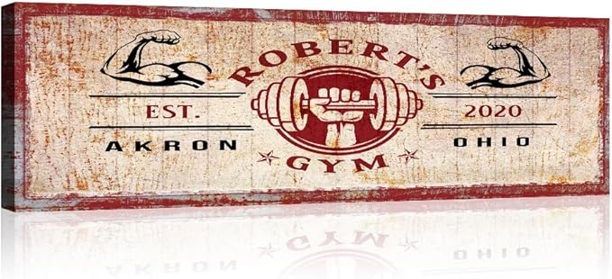 Tailored Canvases Personalized Gym Sign Wall Art Decor - Motivational Canvas for Home Gym, Workout Room, Garage, Fitness Center - Workout Inspirational Posters - One Hand Dumbbell on Rustic Red, 36x12in