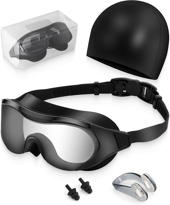 Swim Goggles with Nose Clip, Ear Plugs & Swim Cap, Anti-Fog UV Protection Lens, Leakproof Adjustable Strap for Adult