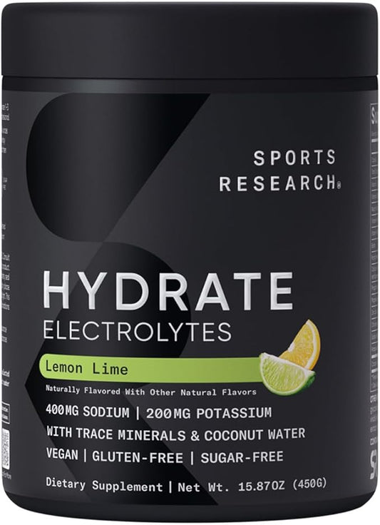 Sports Research® Hydrate Electrolytes Powder - Sugar-Free & Naturally Flavored with Vitamins, Minerals, and Coconut Water - Supports Hydration - Lemon Lime - 90 Servings