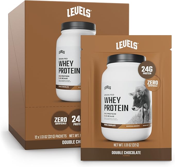 Levels Grass Fed Whey Protein Powder, No Artificials, 24G of Protein, Double Chocolate, 12 Count