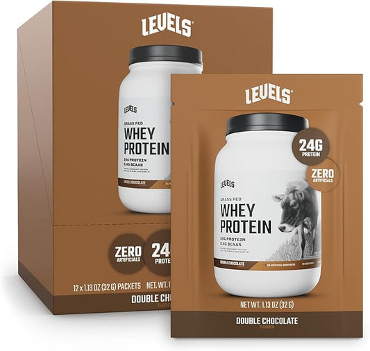 Levels Grass Fed Whey Protein Powder, No Artificials, 24G of Protein, Double Chocolate, 12 Count