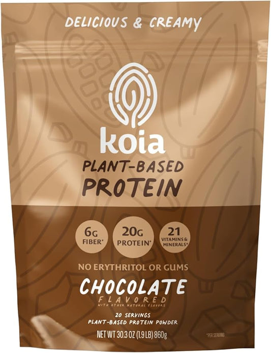 Koia Plant Based Protein Powder, Chocolate, 20g Protein, 3g Sugar, 6g Prebiotic Fiber, Pre & Post Workout, 21 Vitamins & Minerals, No Seed Oils, Dairy-Free, Gluten-Free, Non-GMO, 20 Servings, 28.2 Oz
