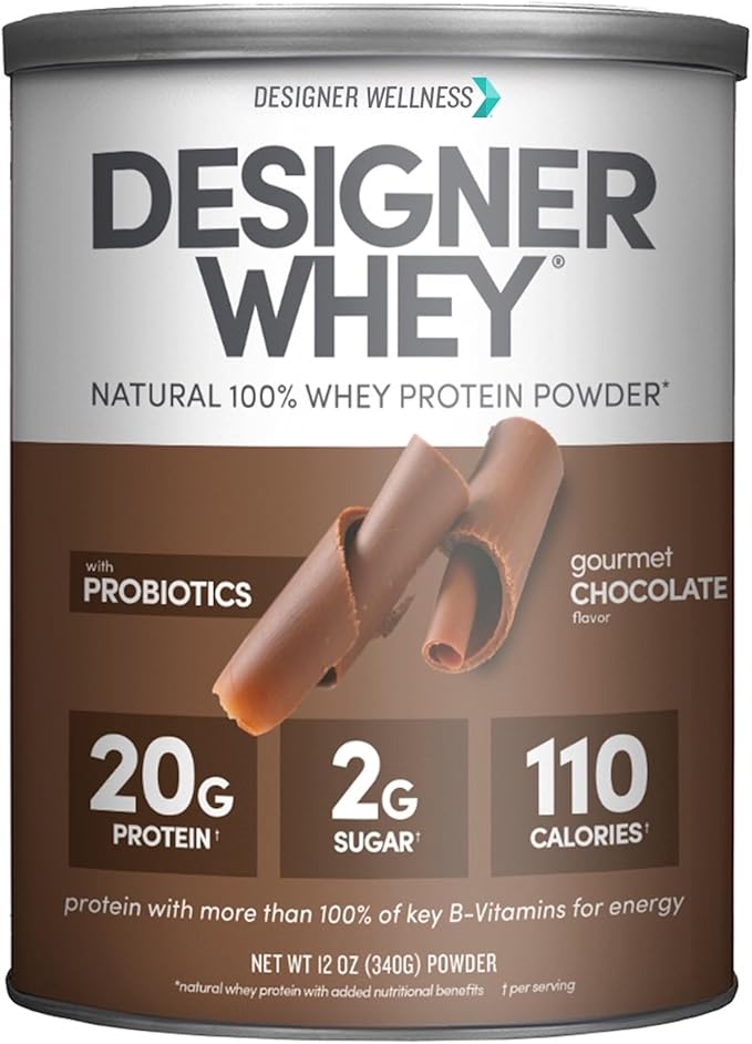 Designer Wellness Designer Whey Natural 100% Whey Protein Powder with Probiotics , Fiber, and Key B-Vitamins for Energy, Gluten-free, Non-GMO, Gourmet Chocolate 12 oz