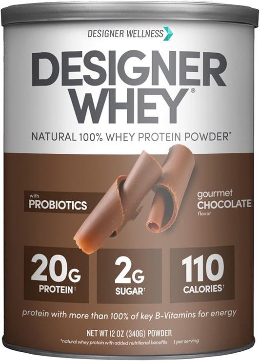 Designer Wellness Designer Whey Natural 100% Whey Protein Powder with Probiotics , Fiber, and Key B-Vitamins for Energy, Gluten-free, Non-GMO, Gourmet Chocolate 12 oz