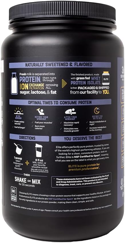 Select Proformance Elite Whey Protein Isolate Powder, Chocolate, NSF Certified, No Added Sugar, 20g of Protein per Serving, 36 Servings, 2 Lbs