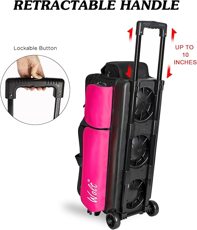 WOLT 3 Ball Bowling Bags with Wheels,Bowling Ball Bag 3 Ball Roller with Separate Shoe Compartment and Accessory Pocket, Retractable Handle Extends to 38’’