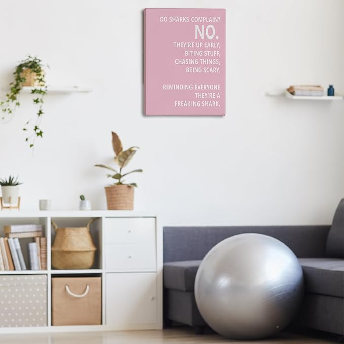 Rusenbao Gym Motivational Workout Wall Art, Home Gym Decor, Inspirational Workout Room Decor, Do Sharks Complain About Monday, Canvas Wall Art for Exercise Fitness Room Office, 11x14 inch(Pink)