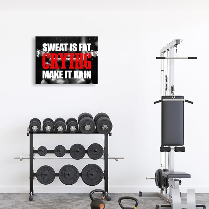 OTINGQD Inspirational Gym Wall Decor,Fitness Quotes Wall Art,Sweat is Fat Crying Canvas Wall Decor for Home Gym