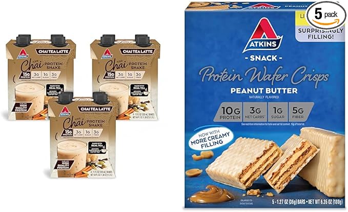 Atkins Chai Tea Latte Protein Shake with 15g Protein, 3g Net Carb, 1g Sugar + Atkins Peanut Butter Protein Wafer Crisps with 10g Protein, 4g Net Carb, 1g Sugar, 5 Count